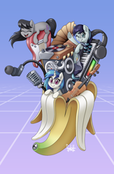 Size: 2450x3750 | Tagged: safe, alternate version, artist:fadlihalimns, imported from derpibooru, coloratura, dj pon-3, octavia melody, vinyl scratch, earth pony, pony, unicorn, 2020, banana, banana peel, earbuds, eyes closed, female, food, guitar, headphones, horn, keyboard, looking at you, mare, microphone, musical instrument, old art, one eye closed, open mouth, record player, stereo, trio, violin, wink, winking at you, wub