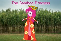 Size: 2048x1365 | Tagged: safe, artist:aaliyah_rosado, artist:mewtwo-ex, artist:user15432, imported from derpibooru, pinkie pie, human, equestria girls, bamboo, bamboo princess, clothes, crossover, crown, dress, fairy tale, jewelry, princess pinkie pie, regalia, smiling, tree