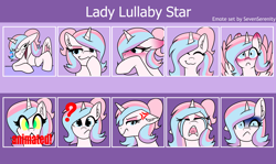 Size: 4286x2557 | Tagged: safe, artist:sevenserenity, imported from derpibooru, oc, oc only, oc:lady lullaby star, alicorn, pony, alicorn oc, emojis, emotes, horn, text, wings
