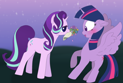 Size: 1952x1310 | Tagged: safe, artist:opal2023, imported from derpibooru, starlight glimmer, twilight sparkle, alicorn, pony, unicorn, blushing, bouquet of flowers, couple, cute, duo, duo female, female, flower, glimmerbetes, lesbian, looking at each other, looking at someone, mare, mouth hold, night, open mouth, open smile, pair, shipping, smiling, smiling at each other, spread wings, stars, twilight sparkle (alicorn), twistarlight, wings
