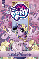 Size: 2063x3131 | Tagged: safe, idw, imported from derpibooru, twilight sparkle, alicorn, human, pony, seapony (g4), unicorn, series:best of my little pony, equestria girls, the last problem, beautiful, clothes, comic cover, crown, crystallized, dress, ethereal mane, female, filly, filly twilight sparkle, high res, jewelry, mare, multeity, my little pony logo, official, official comic, older, older twilight, princess twilight 2.0, rainbow power, regalia, seaponified, seapony twilight, solo, sparkle sparkle sparkle, species swap, twilight sparkle (alicorn), unicorn twilight, younger
