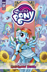 Size: 2063x3131 | Tagged: safe, idw, imported from derpibooru, rainbow dash, human, pegasus, pony, seapony (g4), series:best of my little pony, equestria girls, clothes, comic cover, crystallized, dashstorm, female, filly, filly rainbow dash, flower, high res, mare, multeity, my little pony logo, official, official comic, older, older rainbow dash, rainbow dash always dresses in style, rainbow power, seaponified, seapony rainbow dash, solo, species swap, sunflower, toga, younger