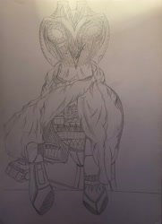 Size: 2851x3940 | Tagged: safe, artist:darkini von blessy, imported from derpibooru, pony, armor, armored pony, chestplate, cloak, clothes, disguise, drawing, equipment, exoskeleton, hero, heroine, katana, knife, lineart, mask, monochrome, pencil drawing, robotic arm, sketch, sketchbook, sword, traditional art, unknown pony, weapon