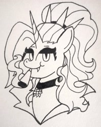 Size: 2416x3049 | Tagged: safe, artist:spoopygirl, imported from derpibooru, oc, oc:dyx, alicorn, alicorn oc, cigarette, female, horn, lineart, smoking, traditional art
