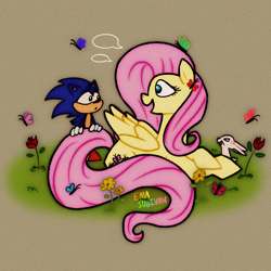 Size: 2048x2048 | Tagged: safe, artist:ema0rsully, imported from derpibooru, angel bunny, fluttershy, butterfly, pegasus, pony, rabbit, animal, crossover, female, flower, high res, looking at each other, looking at someone, mare, open mouth, open smile, smiling, sonic the hedgehog, sonic the hedgehog (series), trio