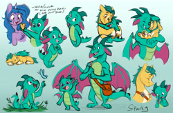 Size: 7363x4836 | Tagged: safe, artist:chub-wub, imported from derpibooru, hitch trailblazer, izzy moonbow, butterfly, dragon, earth pony, pony, unicorn, absurd file size, absurd resolution, affection, age progression, baby, baby dragon, bag, beard, cellphone, cute, eyes closed, facial hair, father and child, father and son, female, g5, grass, male, mare, markings, older, older hitch trailblazer, older sparky sparkeroni, open mouth, open smile, papa hitch, phone, sleeping, smartphone, smiling, snuggling, sparky sparkeroni, sparkybetes, stallion, unshorn fetlocks