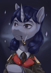 Size: 2480x3508 | Tagged: safe, artist:fly over, imported from derpibooru, oc, oc only, oc:starry night (eaw), unicorn, equestria at war mod, blushing, cigarette, clothes, female, mare, necktie, pipe, solo, unicorn oc, uniform