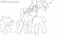 Size: 800x547 | Tagged: safe, artist:standreamy, imported from derpibooru, hitch trailblazer, izzy moonbow, sunny starscout, zipp storm, earth pony, pegasus, pony, unicorn, blushing, boop, female, g5, male, monochrome, nose to nose, nose wrinkle, noseboop, shipper on deck, shipping, shy, simple background, stallion, straight, sunnyhitch, white background