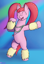 Size: 1638x2400 | Tagged: safe, artist:passionpanther, imported from derpibooru, pacific glow, earth pony, pony, bipedal, cute, dancing, eyes closed, female, glowstick, happy, jewelry, mare, necklace, neon lighting, open mouth, open smile, pacifier, party, pigtails, rave, smiling, solo, standing on two hooves, twintails
