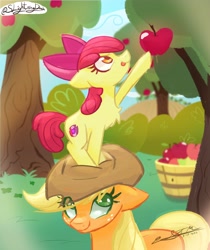 Size: 3440x4096 | Tagged: safe, artist:slightningdash, imported from derpibooru, apple bloom, applejack, earth pony, pony, apple, apple tree, bow, bucket, bush, chest fluff, cowboy hat, female, filly, foal, food, freckles, grass, hair bow, hat, hill, lightning, mare, reaching, shading, sibling love, siblings, sisterly love, sisters, smiling, standing on head, the cmc's cutie marks, tongue out, tree