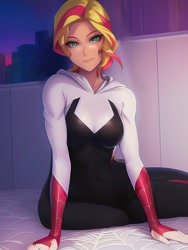 Size: 1020x1360 | Tagged: safe, imported from derpibooru, sunset shimmer, human, ai assisted, ai content, ai generated, bed, bodysuit, breasts, clothes, cosplay, costume, generator:novelai, generator:stable diffusion, hood, hoodie, humanized, looking at you, marvel, marvel cinematic universe, prompter:sammykun, reasonably sized breasts, reference used, short hair, sitting, solo, spider web, spider-gwen, superhero