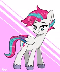 Size: 1502x1786 | Tagged: safe, artist:banquo0, imported from derpibooru, zipp storm, pegasus, pony, adorazipp, alternate hairstyle, colored wings, cute, female, folded wings, g5, mare, multicolored wings, simple background, smiling, solo, unshorn fetlocks, wings