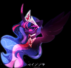 Size: 3241x3108 | Tagged: safe, artist:paigezilla, imported from derpibooru, twilight sparkle, oc, oc:everlight everlasting, alicorn, pony, alternate universe, black background, bust, colored eyelashes, colored horn, colored pupils, colored wings, corrupted, crown, curved horn, dark, digital art, element of magic, ethereal mane, evil, eyelashes, feathered wings, female, floppy ears, flowing mane, gem, gradient horn, gradient mane, gradient wings, horn, jewelry, long horn, looking at you, mare, multicolored hair, multicolored horn, nightmare twilight, nightmarified, older, older twilight, peytral, portrait, purple eyes, regalia, signature, simple background, solo, sparkles, spread wings, starry mane, three quarter view, twilight sparkle (alicorn), wall of tags, wings