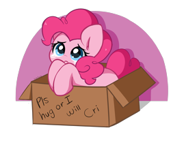 Size: 3904x3236 | Tagged: safe, artist:kittyrosie, imported from derpibooru, pinkie pie, earth pony, pony, box, bronybait, crying, cute, diapinkes, pony in a box, sad, sadorable, simple background, solo, teary eyes, transparent background