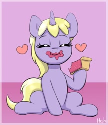 Size: 1456x1684 | Tagged: safe, artist:heretichesh, imported from derpibooru, dinky hooves, earth pony, pony, unicorn, cute, dinkabetes, eating, female, filly, floating heart, foal, food, heart, hoof hold, messy eating, pie, signature, sitting, solo