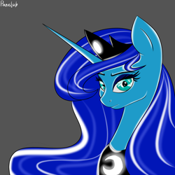 Size: 3000x3000 | Tagged: safe, artist:panelub, imported from derpibooru, princess luna, alicorn, bust, colored, female, gray background, portrait, simple background, solo