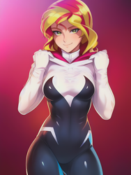 Size: 1020x1360 | Tagged: safe, imported from derpibooru, sunset shimmer, human, ai assisted, ai content, ai generated, bodysuit, breasts, clothes, cosplay, costume, generator:novelai, generator:stable diffusion, gradient background, hood, hoodie, humanized, looking at you, marvel, marvel cinematic universe, prompter:sammykun, reasonably sized breasts, reference used, short hair, solo, spider web, spider-gwen, standing, superhero