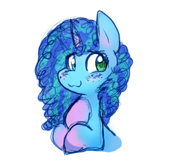 Size: 795x751 | Tagged: safe, artist:zutcha, imported from derpibooru, pony, unicorn, blushing, bust, cute, female, freckles, g5, mare, misty brightdawn, mistybetes, simple background, smiling, solo, white background