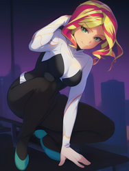 Size: 1020x1360 | Tagged: safe, imported from derpibooru, sunset shimmer, human, ai assisted, ai content, ai generated, bodysuit, breasts, city, cityscape, clothes, cosplay, costume, crouching, eyebrows, eyebrows visible through hair, generator:novelai, generator:stable diffusion, hood, hoodie, humanized, looking at you, marvel, marvel cinematic universe, night, prompter:sammykun, reasonably sized breasts, reference used, short hair, smiling, smiling at you, solo, spider web, spider-gwen, superhero