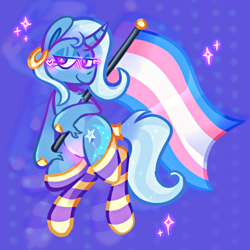 Size: 1280x1280 | Tagged: artist needed, safe, imported from derpibooru, trixie, pony, unicorn, clothes, digital art, ear piercing, earring, horn, jewelry, piercing, pride, pride flag, simple background, socks, solo, striped socks, tail, thigh highs, trans trixie, transgender, transgender pride flag