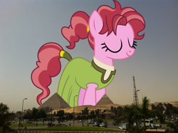 Size: 2048x1530 | Tagged: safe, artist:charity-rose, edit, editor:jaredking779, imported from derpibooru, pepperberry (g4), earth pony, pony, background pony, cairo, clothes, egypt, eyes closed, female, giant pony, giantess, highrise ponies, irl, macro, mare, photo, ponies in real life, smiling, solo, somnambula resident