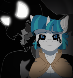 Size: 3047x3257 | Tagged: safe, artist:faitheverlasting, imported from derpibooru, pony of shadows, stygian, pony, unicorn, black background, black sclera, black tears, cloak, clothes, duo, glowing, glowing eyes, male, simple background, stallion