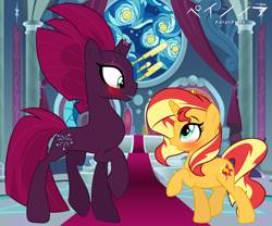 Size: 2684x2238 | Tagged: safe, artist:paigezilla, imported from derpibooru, sunset shimmer, tempest shadow, pony, unicorn, blushing, duo, female, lesbian, looking at each other, looking at someone, open mouth, shipping, show accurate, side view, tempestshimmer