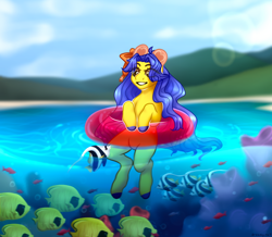 Size: 4000x3484 | Tagged: safe, artist:dreamyrat, imported from derpibooru, oc, oc only, earth pony, fish, pony, blue mane, commission, coral, earth pony oc, female, mare, ocean, open mouth, open smile, smiling, solo, swimming, underwater, water, yellow eyes