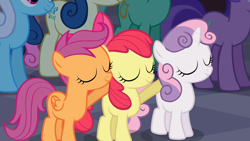 Size: 1920x1080 | Tagged: safe, imported from derpibooru, screencap, amethyst star, apple bloom, bon bon, linky, lyra heartstrings, scootaloo, shoeshine, sparkler, sweetie belle, sweetie drops, earth pony, pegasus, pony, unicorn, hearth's warming eve (episode), blank flank, cute, cutie mark crusaders, eyes closed, female, filly, foal