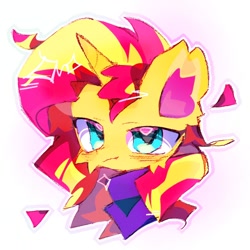 Size: 992x992 | Tagged: artist needed, safe, imported from derpibooru, sunset shimmer, pony, unicorn, big eyes, bust, clothes, ear fluff, ears up, eyes open, fluffy, g4, looking at you, portrait, scarf, simple background, smiling, solo, two toned mane