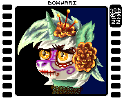 Size: 1456x1216 | Tagged: safe, artist:boxwari, imported from derpibooru, lyra heartstrings, pony, unicorn, bust, catrina (calavera garbancera), cempasúchil, dia de los muertos, face paint, female, film, flower, flower in hair, makeup, mare, pixel art, solo