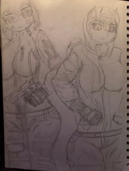 Size: 3024x4032 | Tagged: safe, artist:darkini von blessy, imported from derpibooru, oc, oc only, anthro, anthro oc, clothes, duo, duo female, female, freckles, gun, hood, lineart, looking at you, monochrome, pencil drawing, ready to fight, sketch, sketchbook, stare, traditional art, weapon