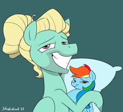 Size: 1426x1296 | Tagged: safe, artist:strebiskunk, imported from derpibooru, rainbow dash, zephyr breeze, pegasus, pony, body pillow, green background, grin, lidded eyes, looking at you, male, shameless, shit eating grin, signature, simple background, smiling, smiling at you, smug, solo, stallion