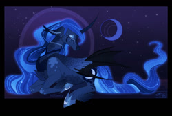 Size: 1280x860 | Tagged: safe, artist:notdeezy, imported from derpibooru, princess luna, alicorn, bat pony, bat pony alicorn, pony, bat ponified, bat wings, blue tail, chest fluff, crescent moon, curved horn, digital art, ethereal mane, eyelashes, eyes closed, eyeshadow, feather, female, floppy ears, flowing mane, flowing tail, folded wings, hoof shoes, horn, hybrid wings, lunabat, lying down, makeup, mare, moon, night, peytral, race swap, redesign, sad, signature, solo, starry mane, starry tail, tail, unshorn fetlocks, wings