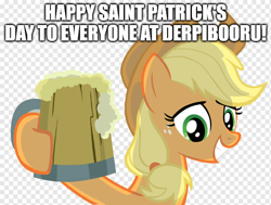 Size: 660x500 | Tagged: safe, artist:ahumeniy, artist:laberoon, edit, imported from derpibooru, applejack, earth pony, pony, checkered background, cider, cider mug, cowboy hat, female, grin, hat, holiday, hoof hold, hooves, mare, mug, saint patrick's day, simple background, smiling, solo, tankard, transparent background