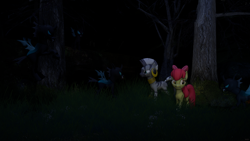 Size: 3840x2160 | Tagged: safe, artist:botxs, imported from derpibooru, apple bloom, zecora, changeling, earth pony, pony, 3d, night, source filmmaker, tree