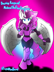 Size: 772x1036 | Tagged: safe, artist:stupidbluehead, imported from derpibooru, rarity, alicorn, anthro, alicornified, armor, armorarity, hand on chest, jetpack, looking at you, race swap, raricorn, smiling, spread wings, walking, wings