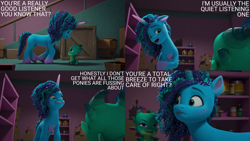 Size: 2000x1125 | Tagged: safe, edit, edited screencap, editor:quoterific, imported from derpibooru, screencap, dragon, pony, unicorn, spoiler:my little pony: make your mark, spoiler:my little pony: make your mark chapter 2, spoiler:myms01e08, baby, baby dragon, duo, duo male and female, female, freckles, frown, g5, grin, growling, have you seen this dragon?, male, mare, misty brightdawn, my little pony: make your mark, my little pony: make your mark chapter 2, open mouth, sitting, smiling, sparky sparkeroni, standing, tempting fate, this will not end well