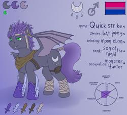 Size: 2000x1800 | Tagged: safe, artist:valdemar, imported from derpibooru, oc, oc only, oc:quick strike, bat pony, pony, bat pony oc, bisexual pride flag, cutie mark, male, ponytail, pride, pride flag, reference, reference sheet, simple background, solo, stallion, tail, weapon