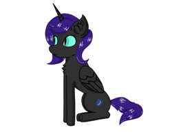 Size: 1064x828 | Tagged: safe, artist:nismorose, imported from derpibooru, oc, oc only, oc:nyx, alicorn, alicorn oc, blue eyes, chest fluff, ear fluff, eyelashes, female, filly, foal, horn, simple background, sitting, slit pupils, solo, white background, wings