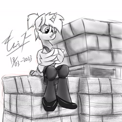 Size: 2048x2048 | Tagged: safe, artist:dianetgx, imported from derpibooru, oc, oc only, oc:silvia cascadia, hippogriff, boxes, clothes, grayscale, horn, monochrome, paperwork, pigtails, shoes, signature, simple background, sitting, skirt, socks, solo, uniform, vest, white background, wing hands, wings