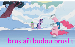 Size: 1600x1000 | Tagged: safe, edit, edited screencap, imported from derpibooru, screencap, pinkie pie, spike, twilight sparkle, dragon, earth pony, pony, unicorn, season 1, winter wrap up, confused, czech, eyes closed, female, frown, g4, haters gonna hate, ice skating, male, mare, meme, skaters gonna skate, standing, trio, unicorn twilight