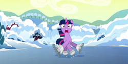 Size: 1404x708 | Tagged: safe, imported from derpibooru, screencap, twilight sparkle, pony, unicorn, season 1, winter wrap up, female, ice skating, mare, open mouth, solo, unicorn twilight