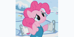 Size: 1881x953 | Tagged: safe, imported from derpibooru, screencap, pinkie pie, earth pony, pony, season 1, winter wrap up, background pony, blank space, female, frown, ice skating, mare, shrug, solo focus
