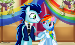 Size: 1200x720 | Tagged: safe, artist:mlplary6, imported from derpibooru, rainbow dash, soarin', pegasus, pony, bride, clothes, cute, dashabetes, dress, female, flower, groom, holding hooves, husband and wife, looking at each other, looking at someone, male, mare, marriage, rainbow dash always dresses in style, romantic, shipping, smiling, smiling at each other, smoking, soarinbetes, soarindash, stallion, straight, suit, wedding, wedding dress