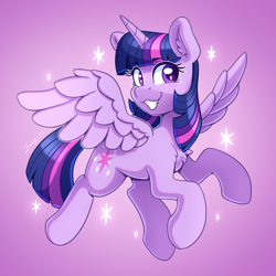 Size: 2480x2480 | Tagged: safe, artist:dandy, imported from derpibooru, twilight sparkle, alicorn, pony, :3, backwards cutie mark, chest fluff, ear fluff, female, flying, high res, horn, looking at you, mare, purple background, simple background, smiling, solo, sparkly eyes, spread wings, twilight sparkle (alicorn), wings