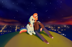 Size: 3230x2100 | Tagged: safe, artist:kumakum, imported from derpibooru, rainbow dash, human, pegasus, pony, arm on shoulder, beard, chest fluff, facial hair, female, hill, hug, male, mare, night, sitting, stars, sunglasses, sunset, wholesome, winghug, wings