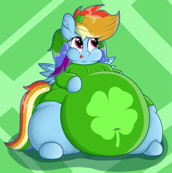 Size: 1059x1063 | Tagged: safe, artist:dullpoint, imported from derpibooru, rainbow dash, pegasus, pony, belly, big belly, chubby cheeks, clothes, fat, female, holiday, huge belly, mare, obese, rainblob dash, saint patrick's day, solo, tongue out, tubby wubby pony waifu