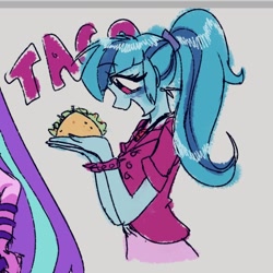 Size: 556x556 | Tagged: safe, artist:dulcesilly, imported from derpibooru, aria blaze, sonata dusk, human, equestria girls, cute, food, happy, open mouth, open smile, sketch, smiling, solo focus, sonatabetes, sonataco, taco, that girl sure loves tacos, that pony sure does love tacos, that siren sure does love tacos