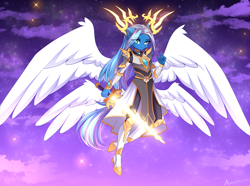 Size: 2474x1839 | Tagged: safe, artist:airiniblock, imported from derpibooru, oc, oc only, oc:vivid tone, anthro, pegasus, anthro oc, clothes, dress, pegasus oc, solo, stars, sword, tail, weapon, wings